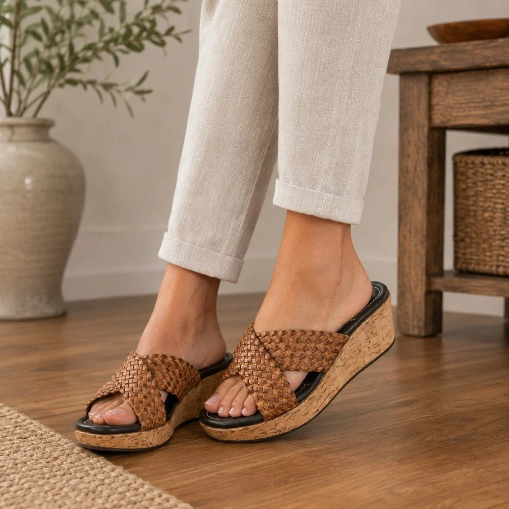 Donald J Pliner Woven Leather Cork Wedge Sandals Brown Tan Women Size 9 M